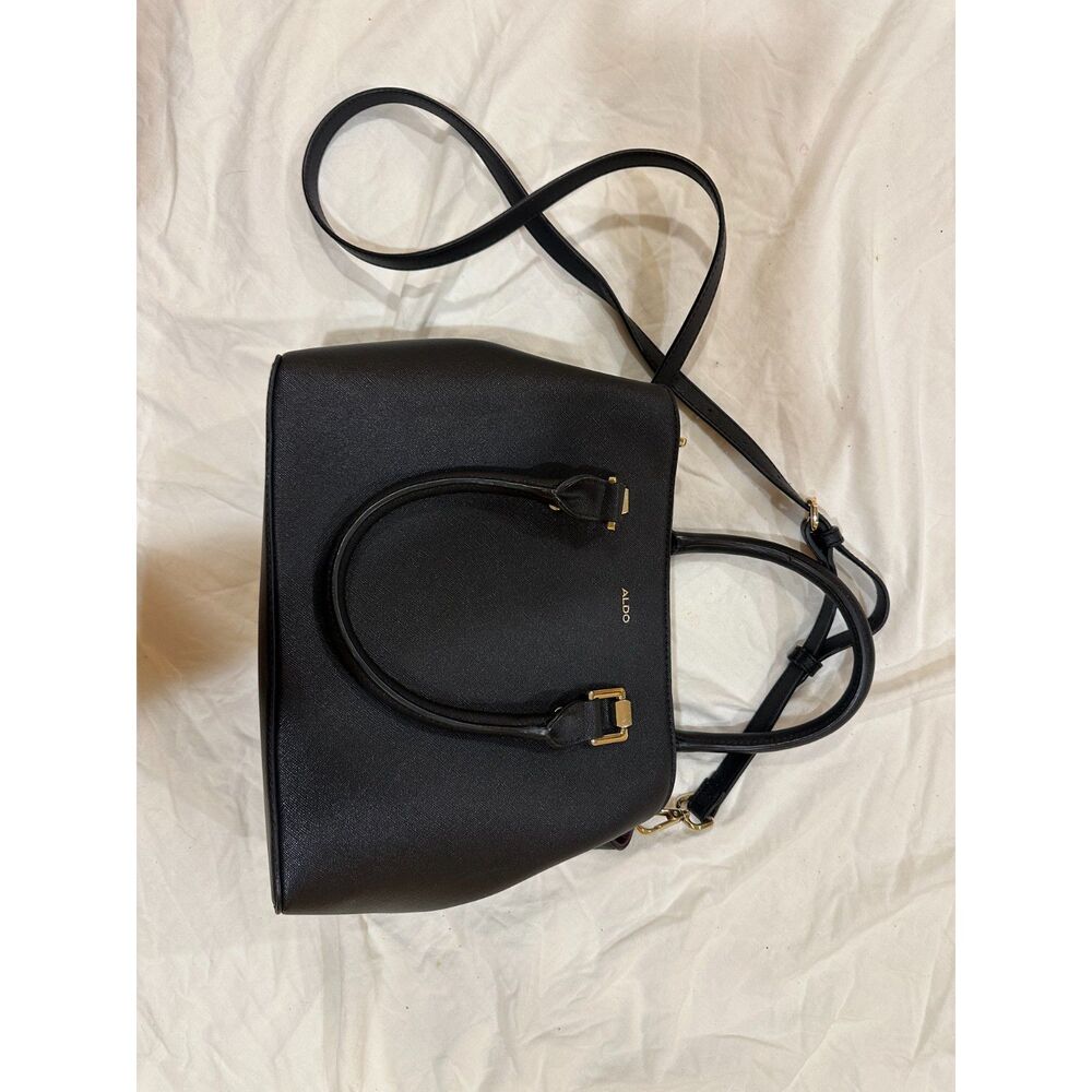 Aldo Black Saffiano Triple Compartment Satchel Crossbody Handbag Purse Gold